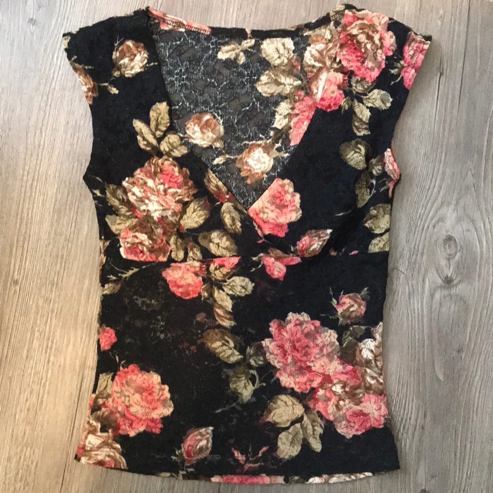 Rose print mesh top